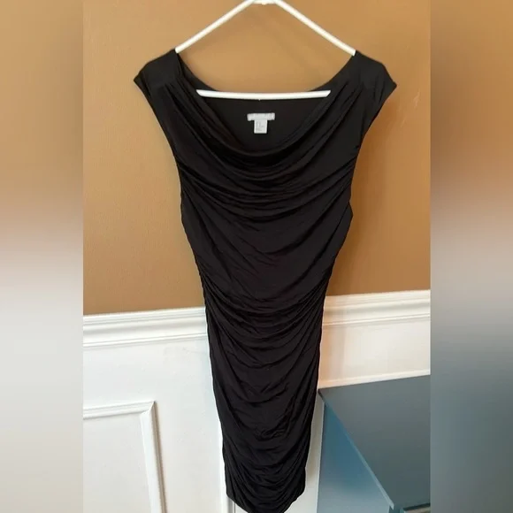 H&M Women’s Black Ruched Dress Size 12 Slinky Bodycon LBD Cocktail - Picture 2 of 7